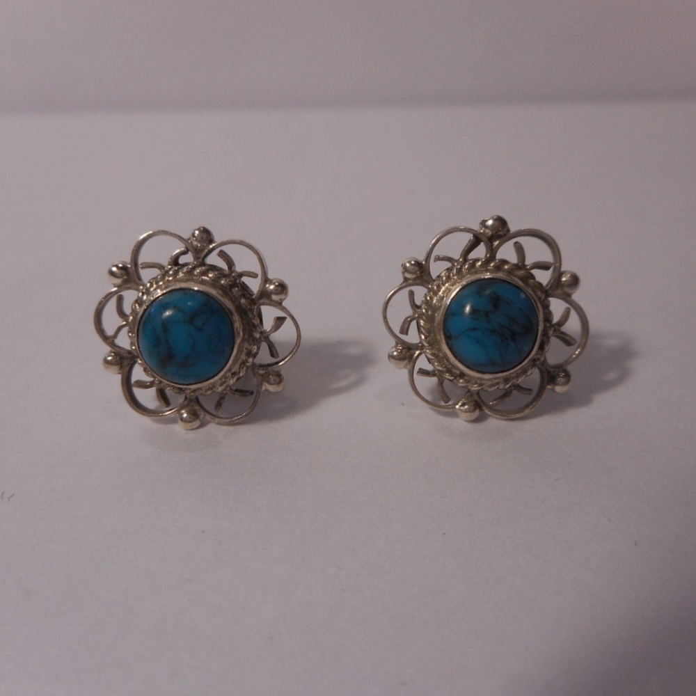 Faux Turquoise Filigree Floret Pierced Earrings Vintage